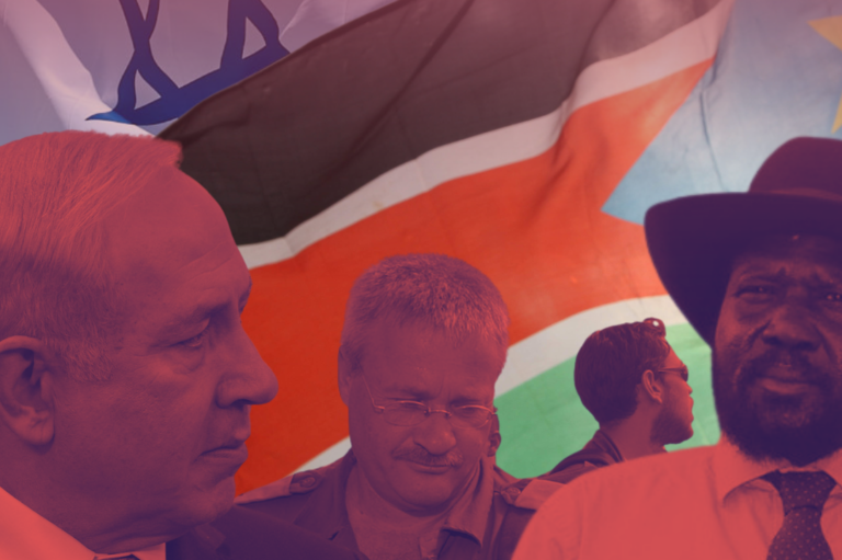 Image showing an Israeli and a South Sudanese flag in the background, and three men in the foreground: Israeli Prime Minister Benjamin Netanyahu, retired IDF general Israel Ziv, and South Sudanese President Salva Kiir Mayardit