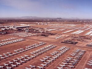 Aircraft dotted around the storage and preservation facility of fighter jets. 