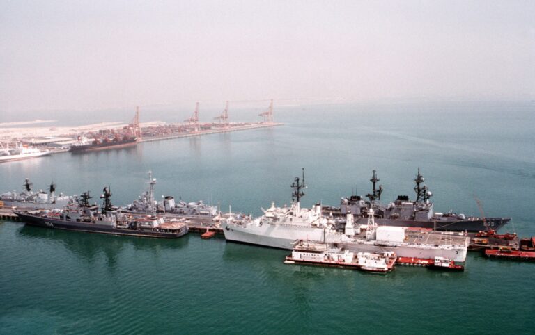 Various coalition ships are moored at Mina Salman while stationed in the region to enforce United Nations sanctions against Iraq during Operation Southern Watch. The vessels include, from front, foreground: the Russian guided missile destroyer ADMIRAL VINOGRADOV and the miscellaneous command ship USS LA SALLE (AGF-3). In the background are the British frigate HMS CHATHAM (F-87), the French destroyer GEORGES LEYGUES (D-640) and the destroyer USS KINKAID (DD-965) .